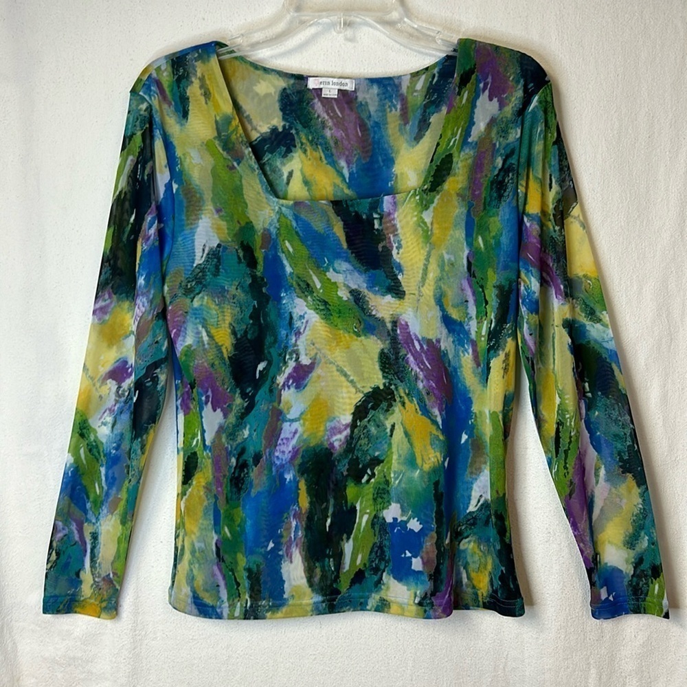 Erin London Women’s Tunic Top Size L Blue/Green/Yellow Abstract Square Neckline